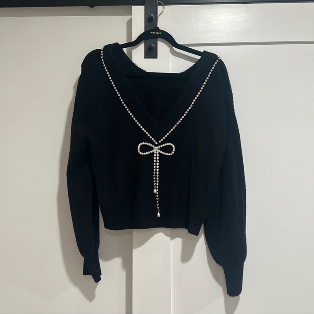 Express Black V-Neck Sweater with Rhinestone Bow - Picture 6 of 7